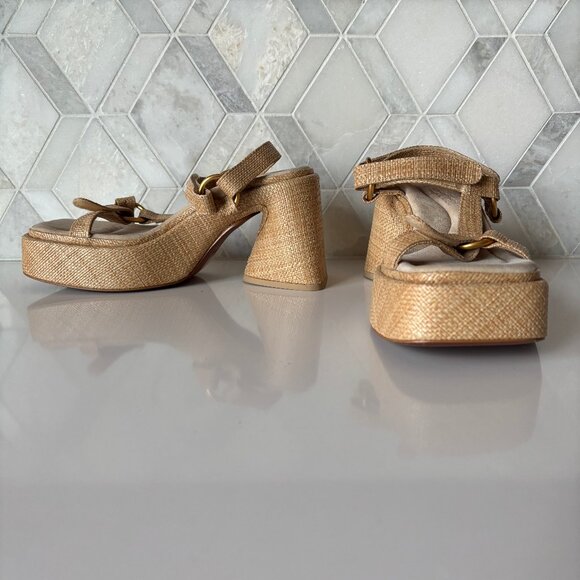 cult gaia Shoes - Cult Gaia 39.5 9.5 Block Heel Platform Woven Tan Suede Strap Velcro Erin Sandal